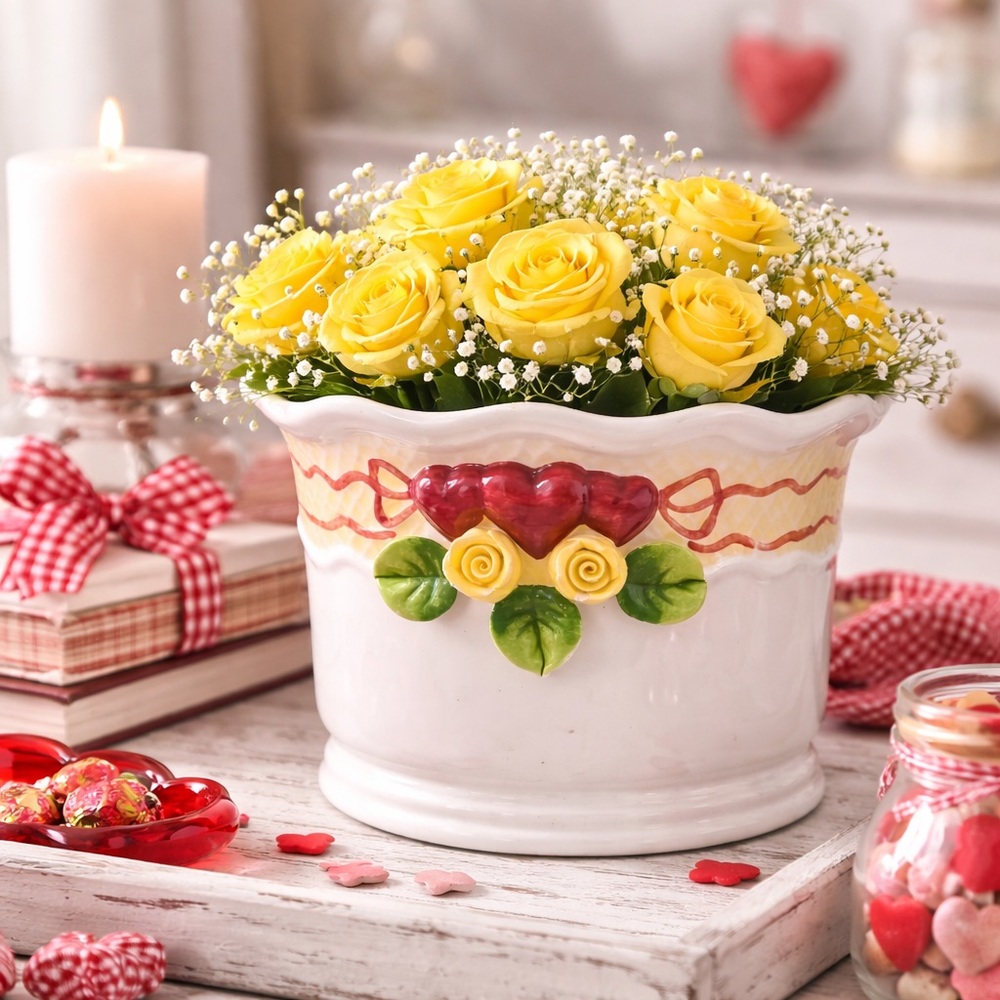 Vintage Ceramic Planter with Heart and Rose Design